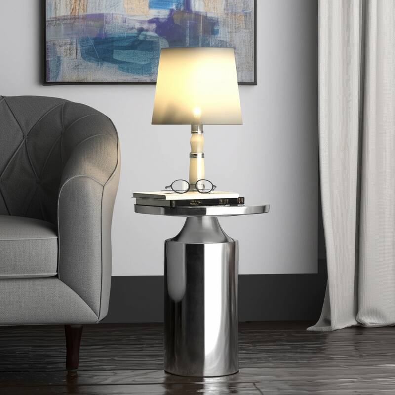 Iron Side Table Cylindrical Base Round Tray Top Narrow - 19" Silver - 14" x 14" x 19.25"