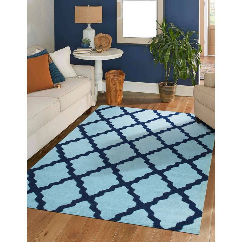 Blue Traditional Trellis Geometric Moroccan Area Rug, Stylish Soft Texture for Living Rooms or Bedrooms - L