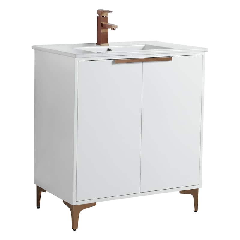 Fine Fixtures Wilmington Bathroom Vanity with White Ceramic Sink. - 30 Inch - White Matte - Rose Gold Hardware