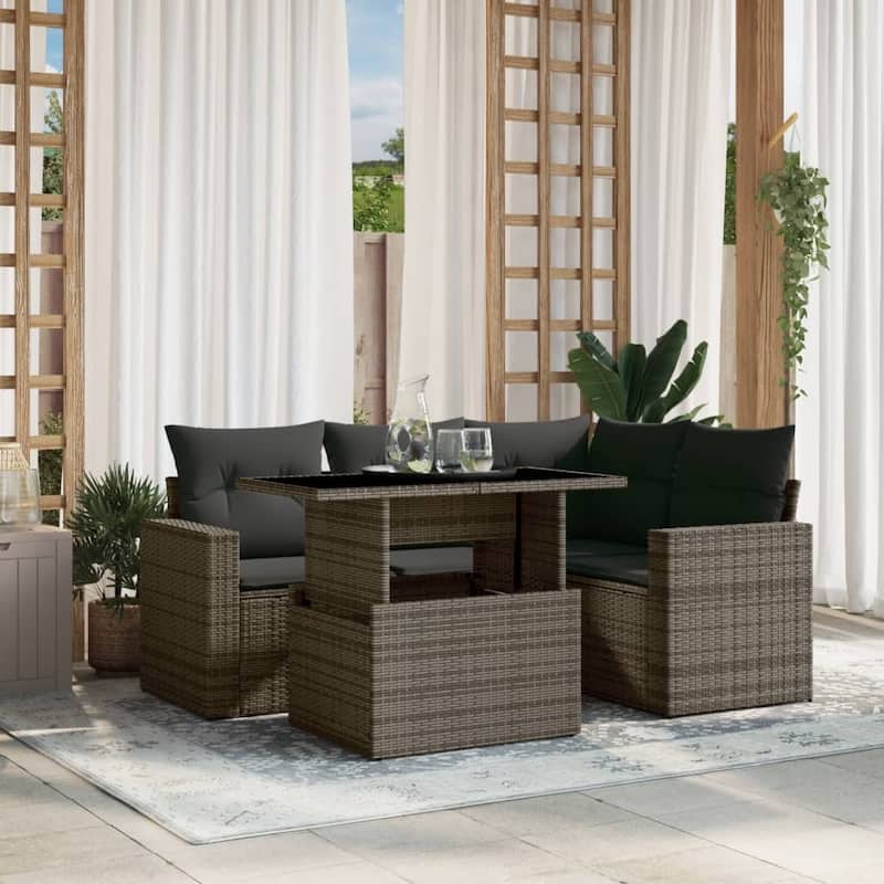 vidaXL Patio Sofa Set with Cushions Outdoor Furniture 5 Piece Poly Rattan - 21.7 x 39.4 x 28.7 in - Gray