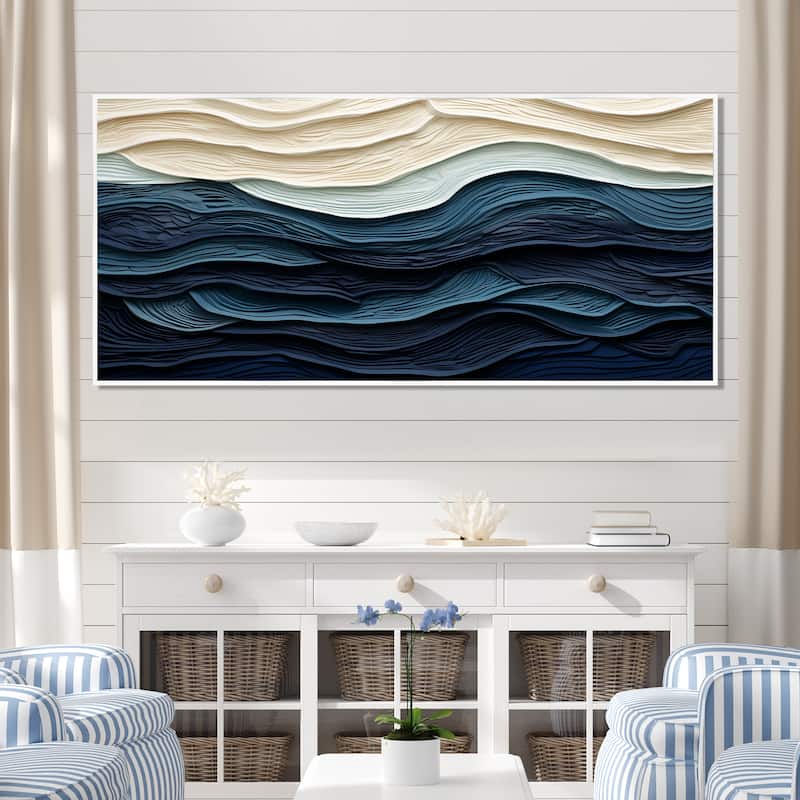 Designart "Blue And White Coastal Wave S Edge" Coastal Minimalism Blue Wall Decor Coastal Living Room Framed Canvas Art - 60 in. wide x 28 in. high - White