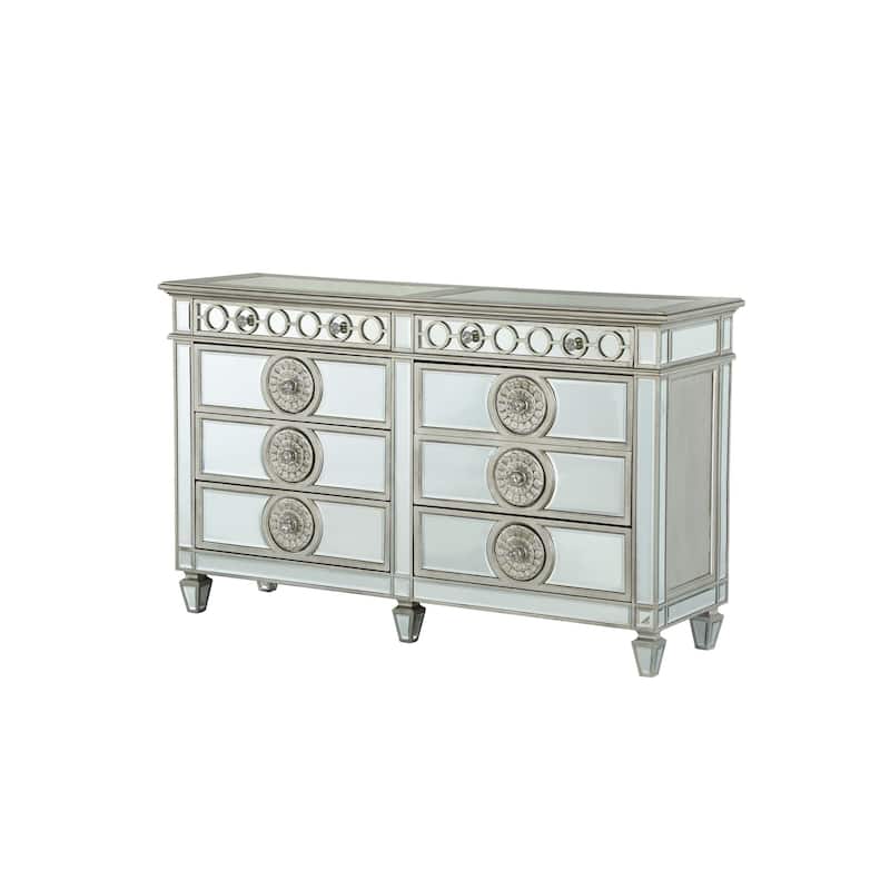 Dresser with Mirror Front 8 Drawers and Sunburst Motifs, Silver
