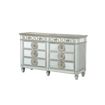 Dresser with Mirror Front 8 Drawers and Sunburst Motifs, Silver