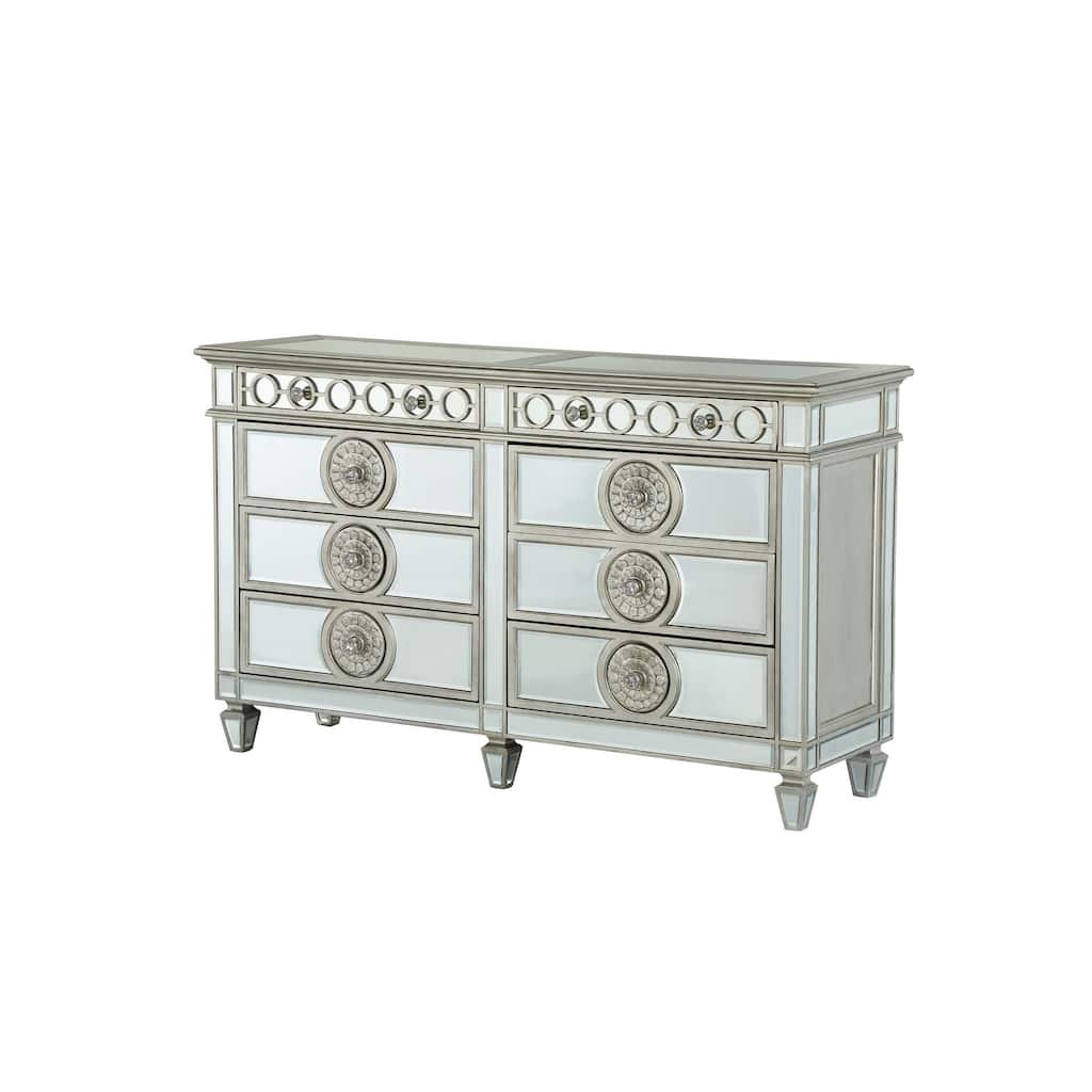 Dresser with Mirror Front 8 Drawers and Sunburst Motifs, Silver