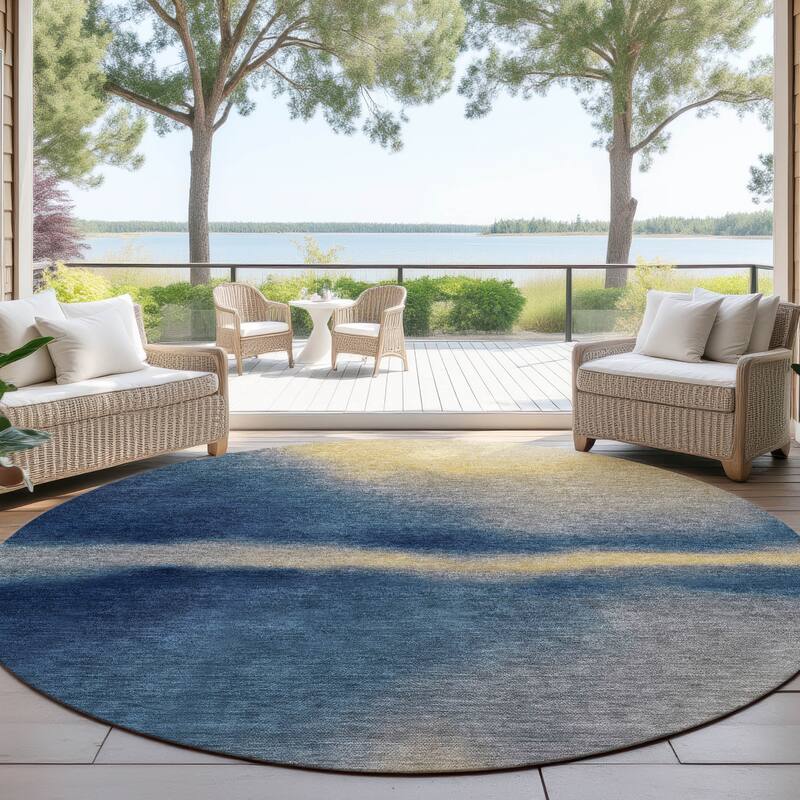 Machine Washable Indoor/ Outdoor Modern Landscape Chantille Rug - Navy - 8' x 8'