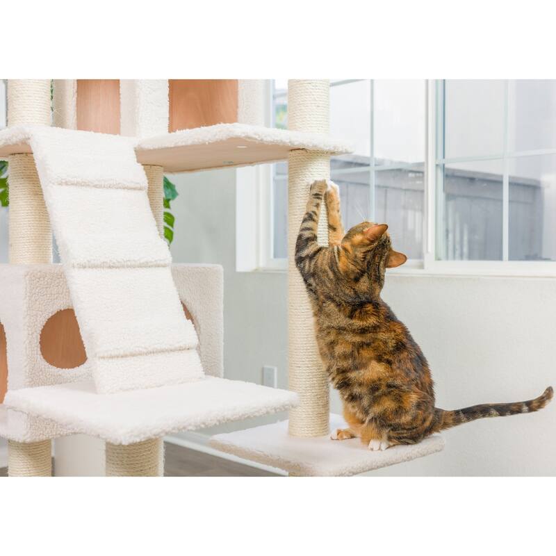 Classic Real Wood Cat Tree In Ivory,Multi Levels With Ramp - Ivory