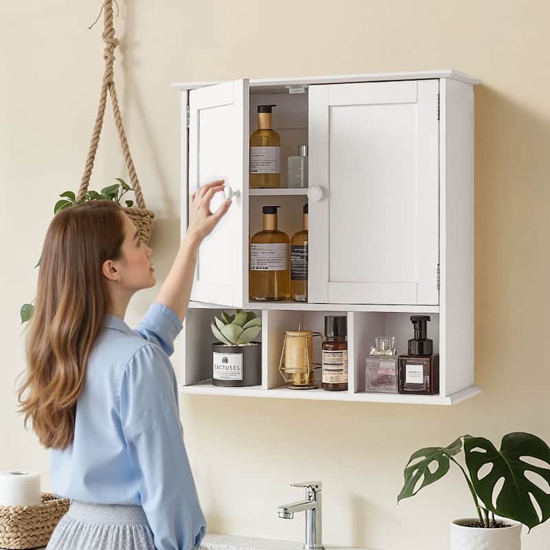 White Wall Mounted Bathroom Storage Cabinet with 3 Adjustable Shelves for Bottles and Toiletries - 22” x 7” x 23”