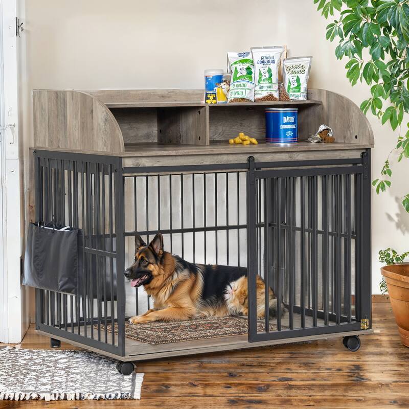 Heavy Duty Large Dog Crate Furniture with Lockable Wheels,Wooden Dog Crate Dog Kennel,End Table Crate with Double layer storage
