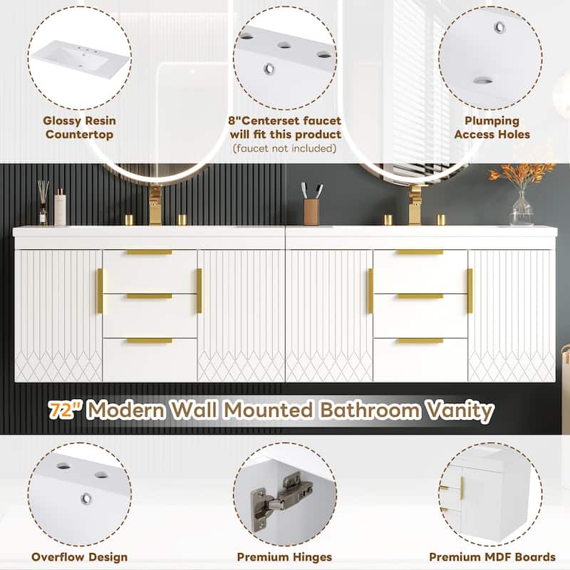 72" Floating Bathroom Vanity with Double Resin Sinks, Wall Mounted Cabinet with 4 Drawers, Modern MDF Storage
