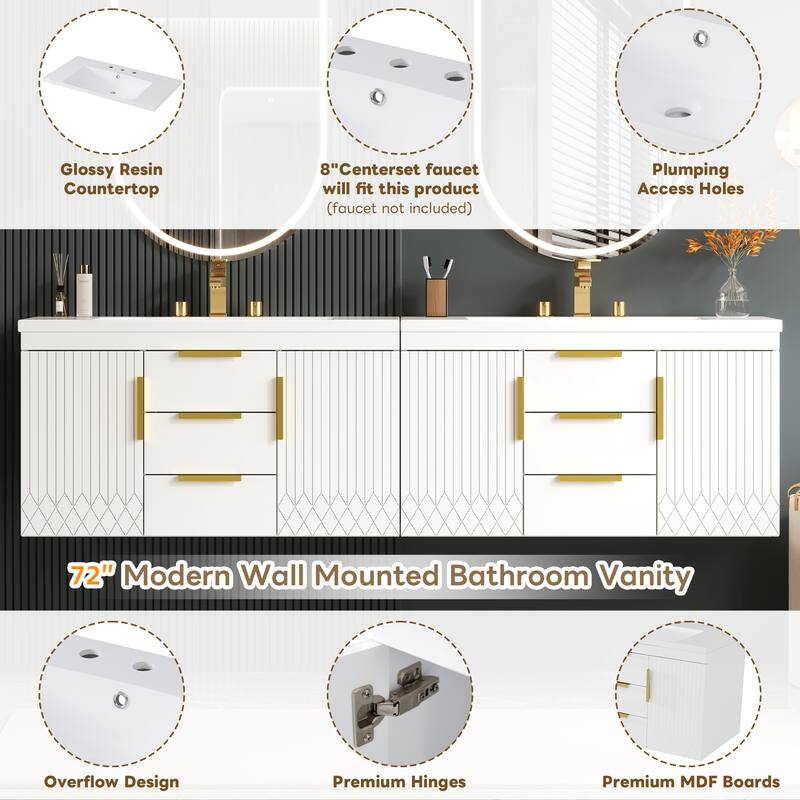 Roomfitters 72" Wall Mounted Bathroom Vanity with Sink, Floating Solid Wood Storage Cabinet with Drawers