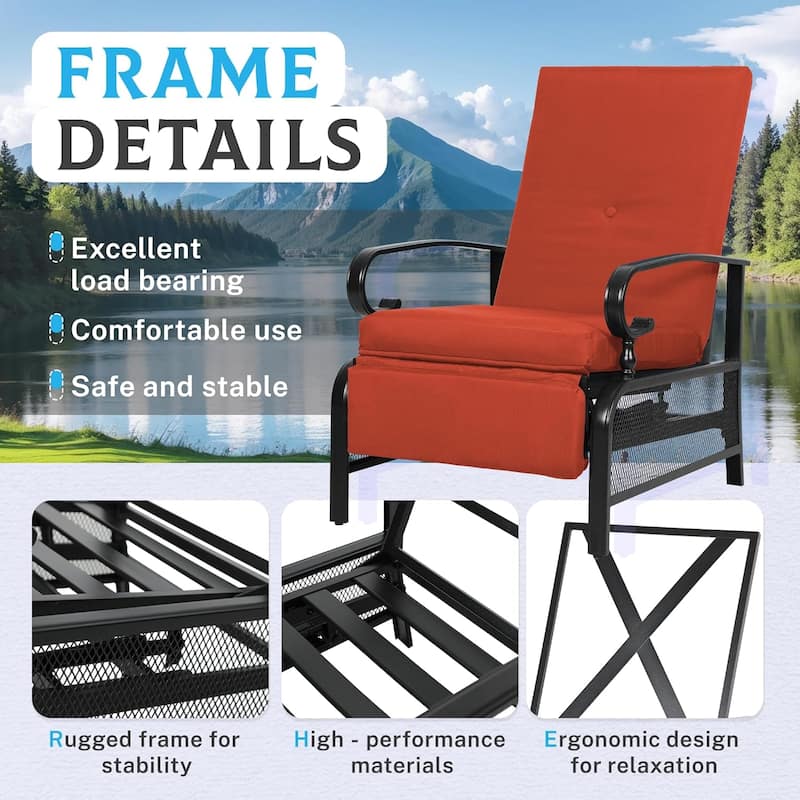 Outdoor Metal Patio Adjustable Recliner Lounge Chair & Bistro Table Set, Retractable Steel Frame and Removable Thick Cushion