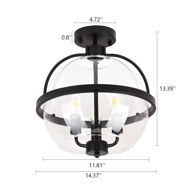 3-Light Industrial - Style Black - Framed Clear Glass Globe Flush Mount Ceiling Light - Matte Black