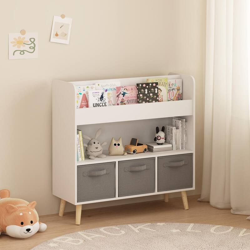 Kids Bookshelf with 3 Fabric Bins, Modern Children's Bookcase with Storage for Toys and Books
