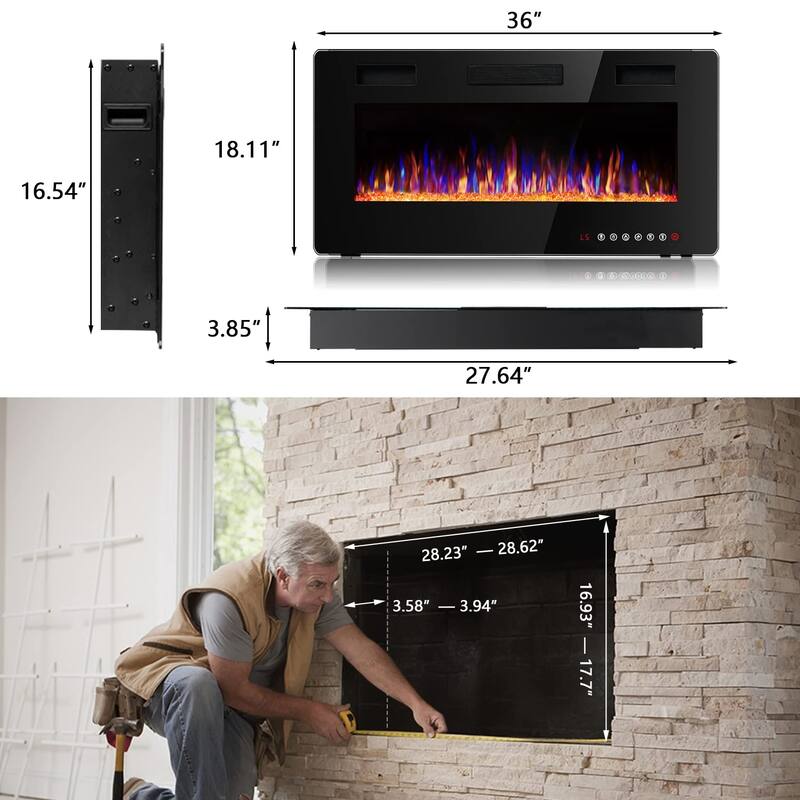 Bossin 30 to 72 inch Electric Fireplace Ultra-Thin and Silence Linear Recessed Wall Mounted Fireplace with Remote Control