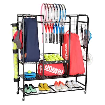 Tennis Gear Storage Rack Sports Equipment Organizer with Wheels