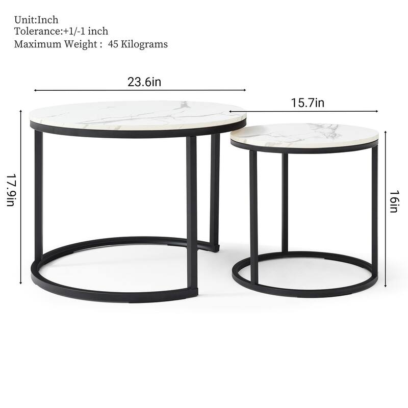 Anmytek Nested Round Side Tables Marble Look Top Black Metal Accent Coffee Table Set for Living Room