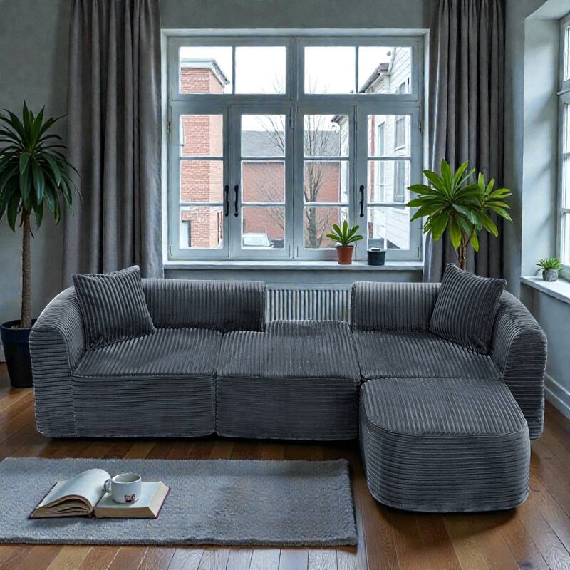 114" Cloud Sectional Couch with L Shape Chaise, Modular Corduroy Sofa with Movable Ottoman, No Assembly - Grey