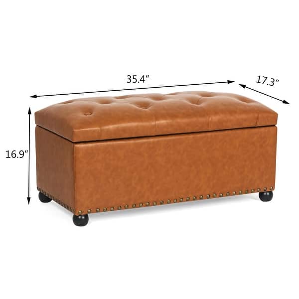 dimension image slide 0 of 7, Adeco 35" Storage Ottoman Tufted Faux-Leather Lifted Top Bench