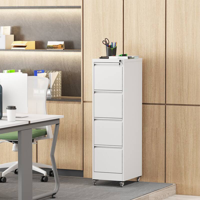 4 Drawer File Cabinet with Removable Wheels and Anti-Tip, Lockable Office Filing Cabinet Storage Cabinet - White