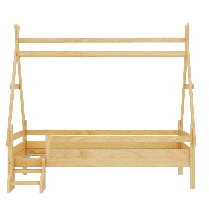 Twin House Platform Bed with Stairs, Solid Wood Twin Bed Frame, Low Profile and Childlike Fun Design