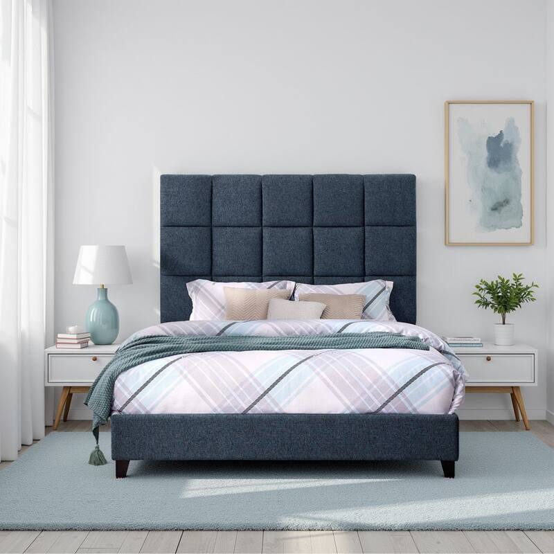 Bridgevine Home Tall Denim Navy Blue Square Headboard Upholstered Platform Bed - Queen