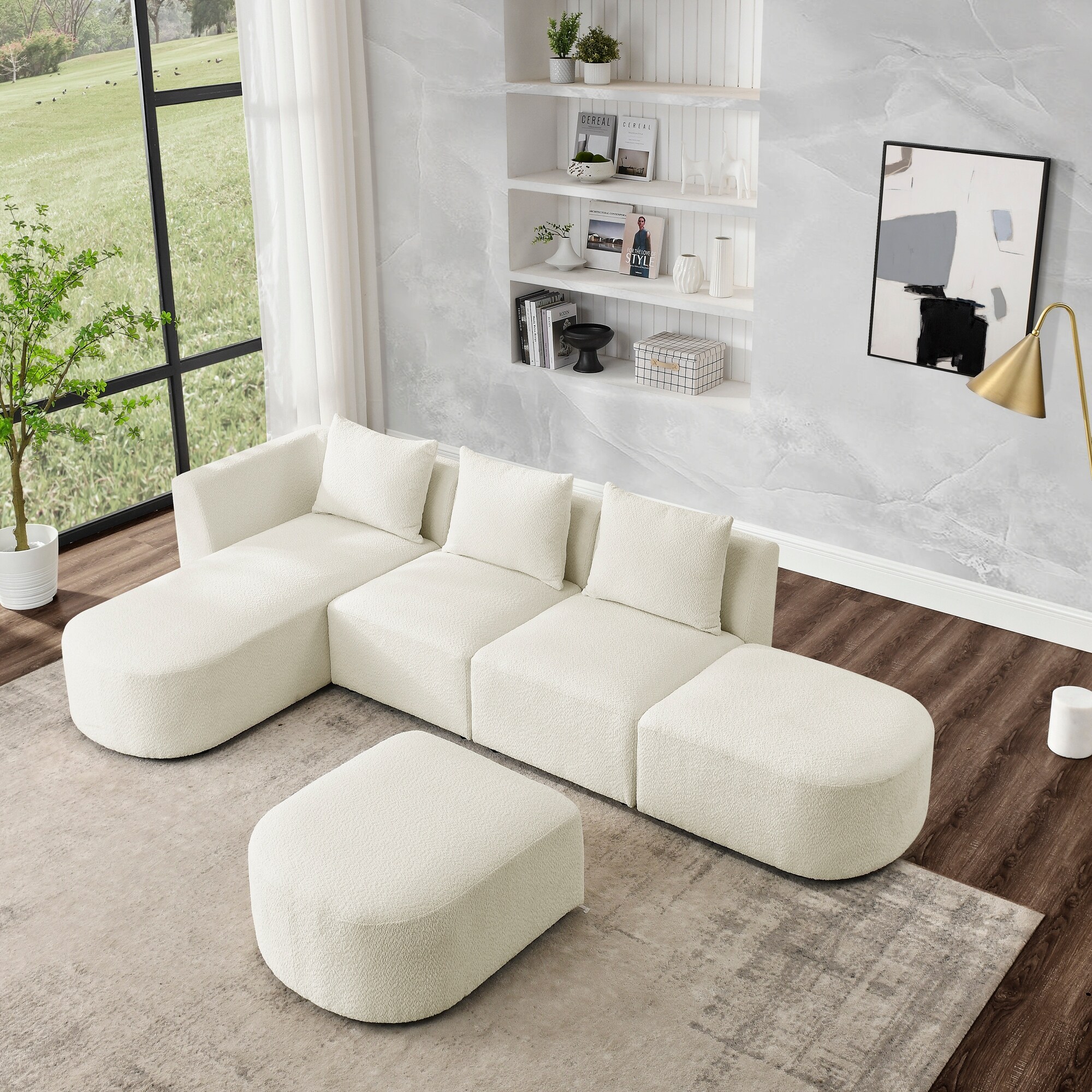 Beige L-Shape Modular Sectional Sofa with Chaise, Ottoman, 3 