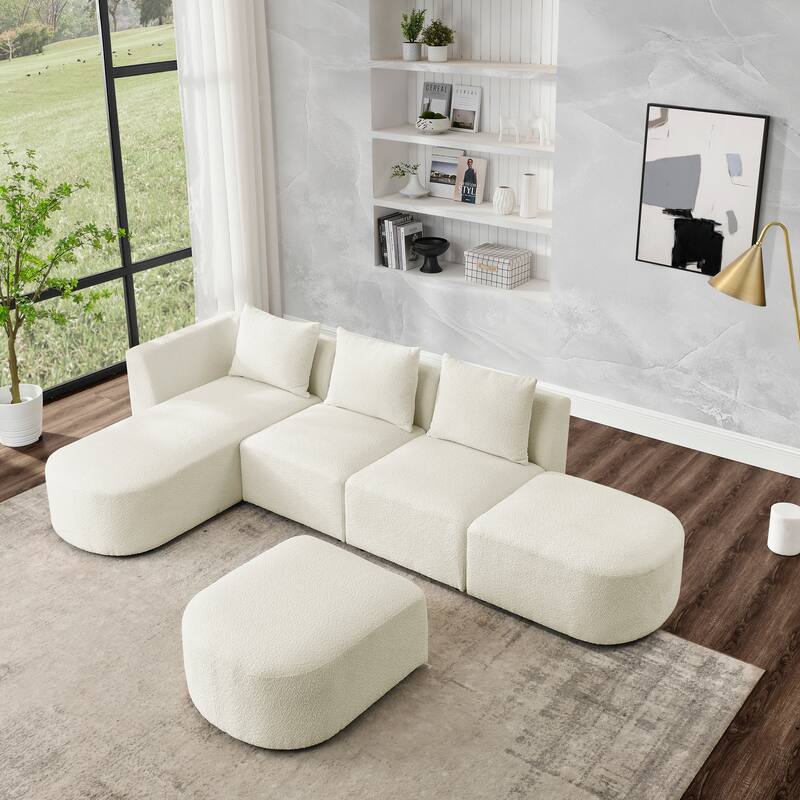 Ivory L Shape Loop Yarn Fabric Sectional Sofa w/ Left Side Chaise ...