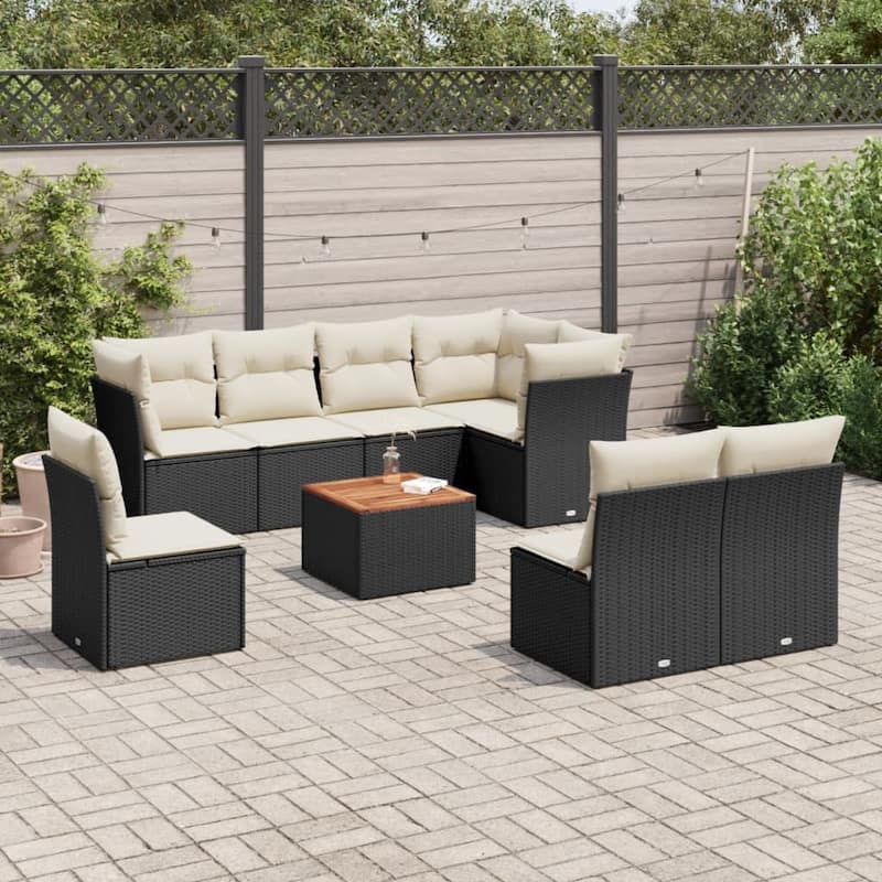 vidaXL Patio Sofa Set with Cushions Outdoor Furniture 9 Piece Poly Rattan - 24.4 x 24.4 x 27.2 - Black and Cream