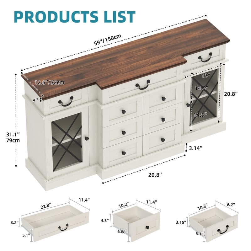 Moasis Farmhouse 59" TV Stands with 9 Drawers and Adjustable Shelves & Tempered Glass Doors