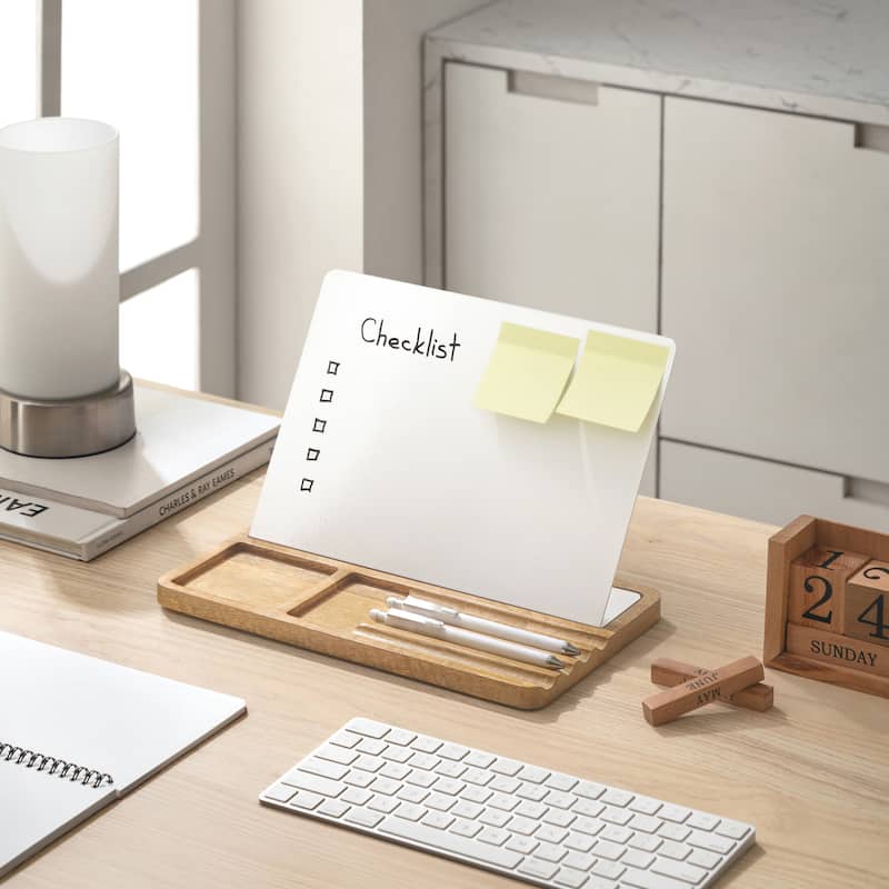 Jani Wooden Desk Organizer with Magnetic Whiteboard - Solid Wood, Hidden Storage & Anti-Skid Base for Home, Office & Workspaces - White
