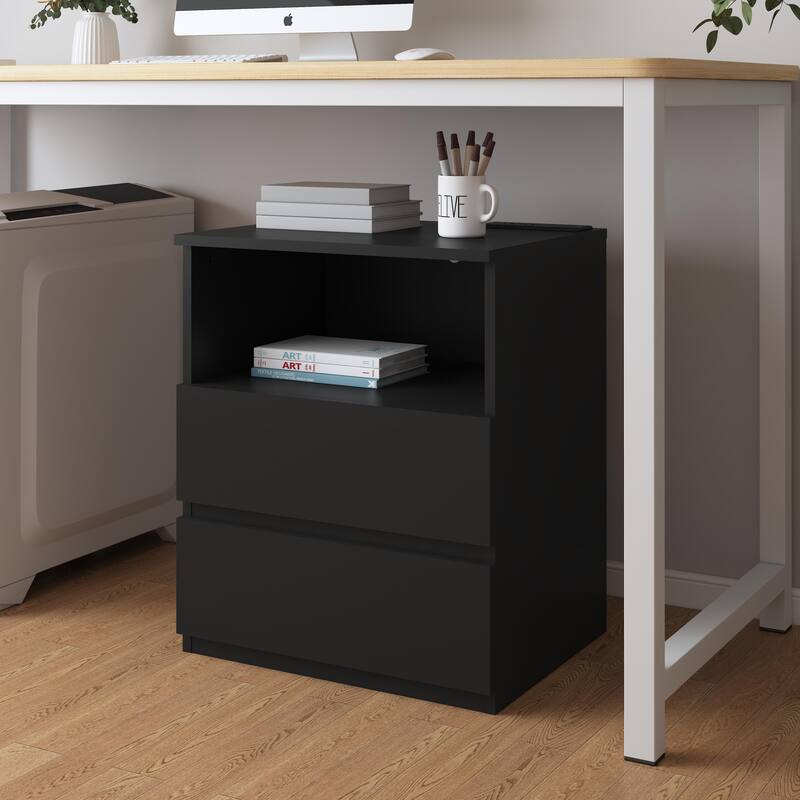 Nightstand with Charging Station, Sofa Side Table with Open Shelves & 2 Drawers, Large Capacity Wood Storage Cabinet