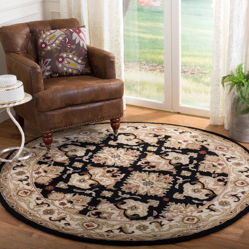SAFAVIEH Handmade Heritage Ogee Dot Traditional Oriental Wool Rug - 8' Round - Black/Ivory