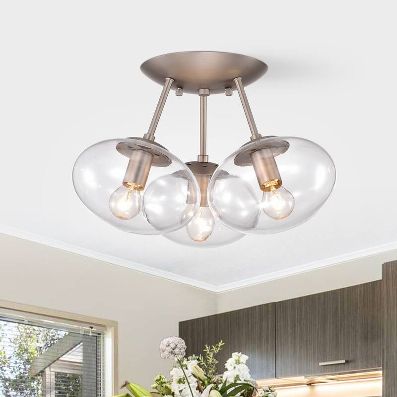 Clare Matte Satin Nickel 3-Light Globe Clear Glass Shade Semi-Flush Mount