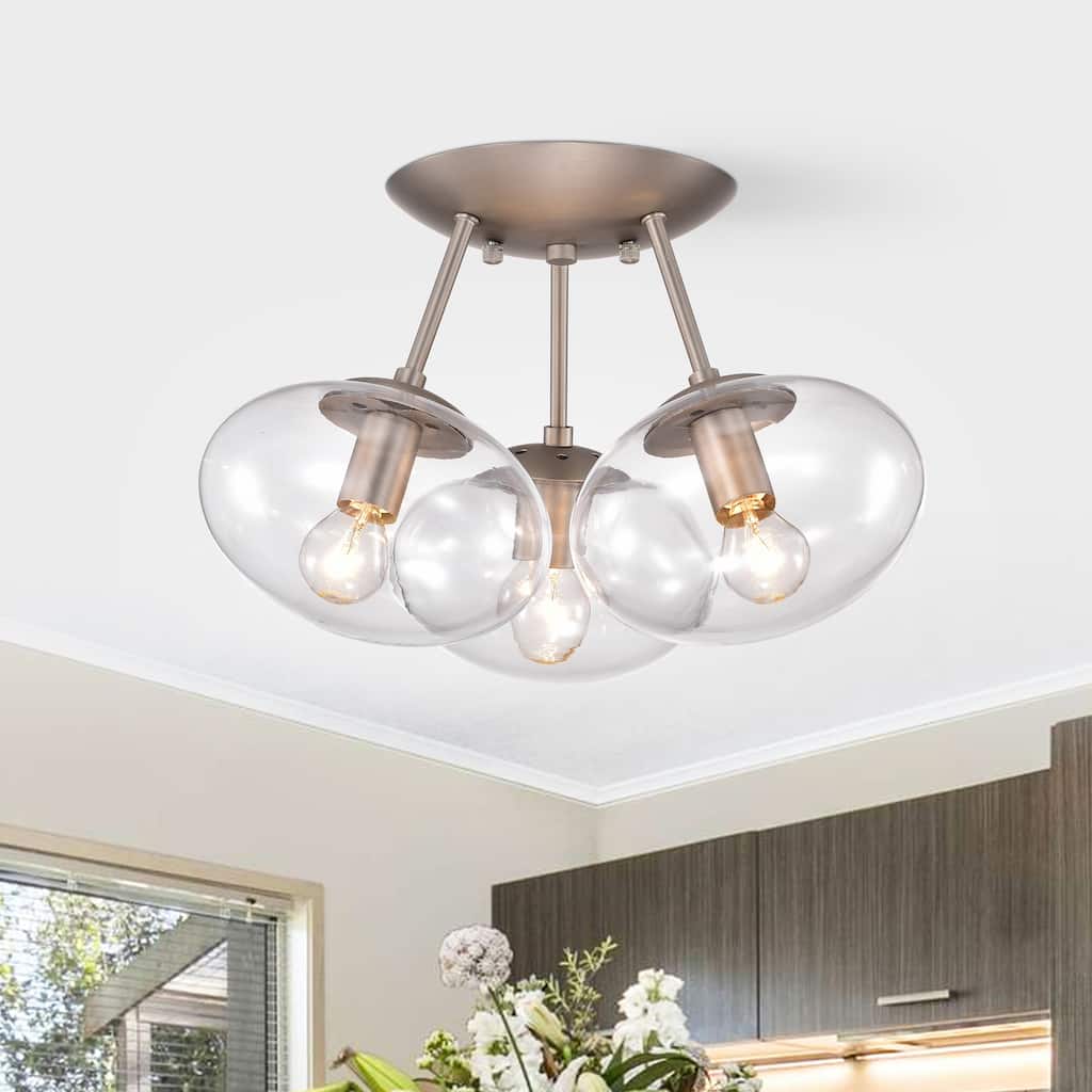 Clare Matte Satin Nickel 3-Light Globe Clear Glass Shade Semi-Flush Mount