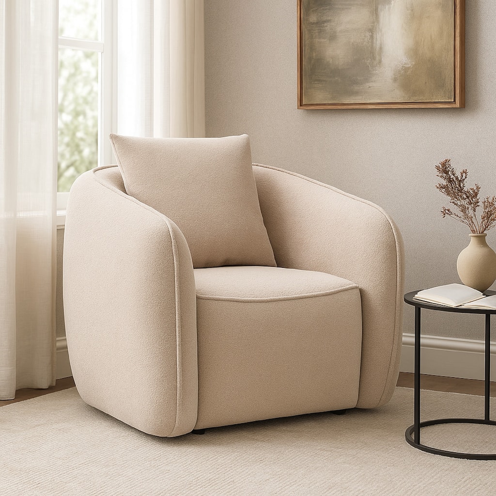 Keina Accent Armchair, Modern Beige Chenille, 1 Plush Back Pillow