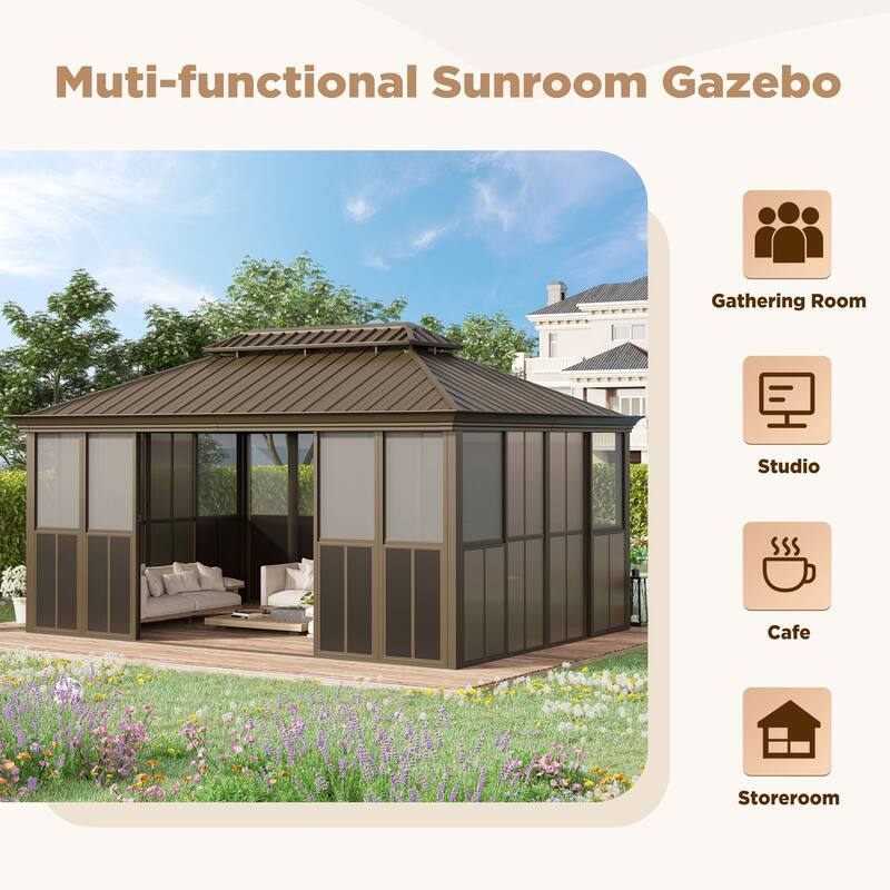 Hardtop Gazebo with Double Steel Roof, Sliding/Lockable Doors & Screens - All-Season Rustproof Aluminum Frame，Advanced Drainage