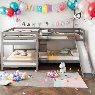 4 Beds In 1 Full And Twin Size L-Shaped Bunk Bed With Slide And Short Ladder,Convertible Beds for Bedroom