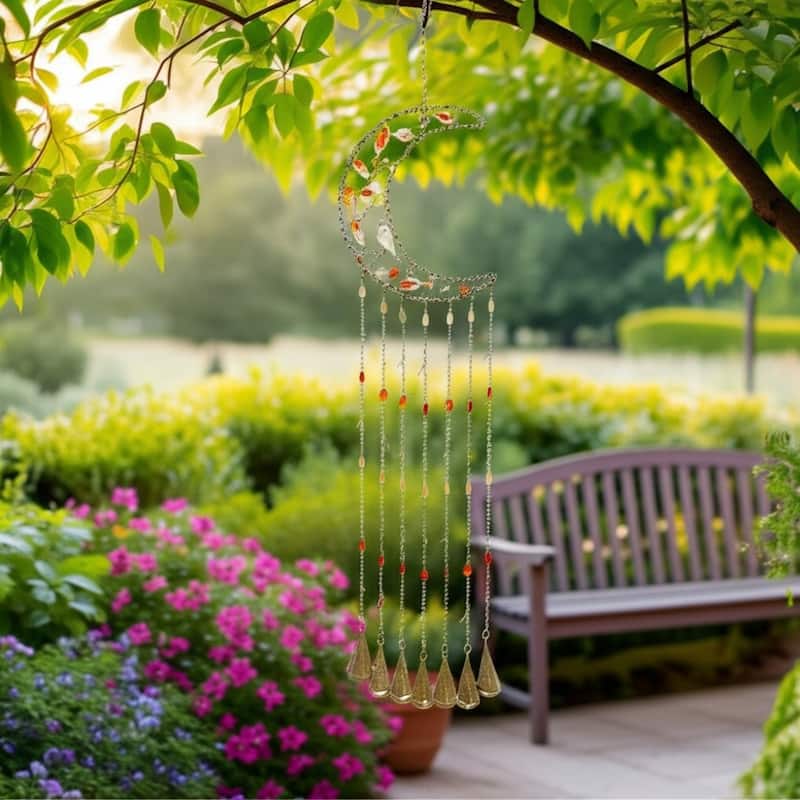 Metal Wind Chime Crescent Moon Design and Beaded Accents - 35" Orange - 8" x 1.25" x 35"