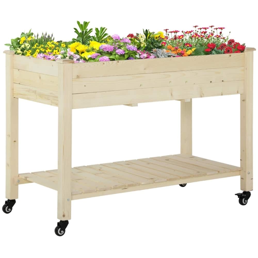 Natural Wood Raised Garden Bed with Storage Shelf and Wheels Elevated Planter Box for Outdoor Gardening