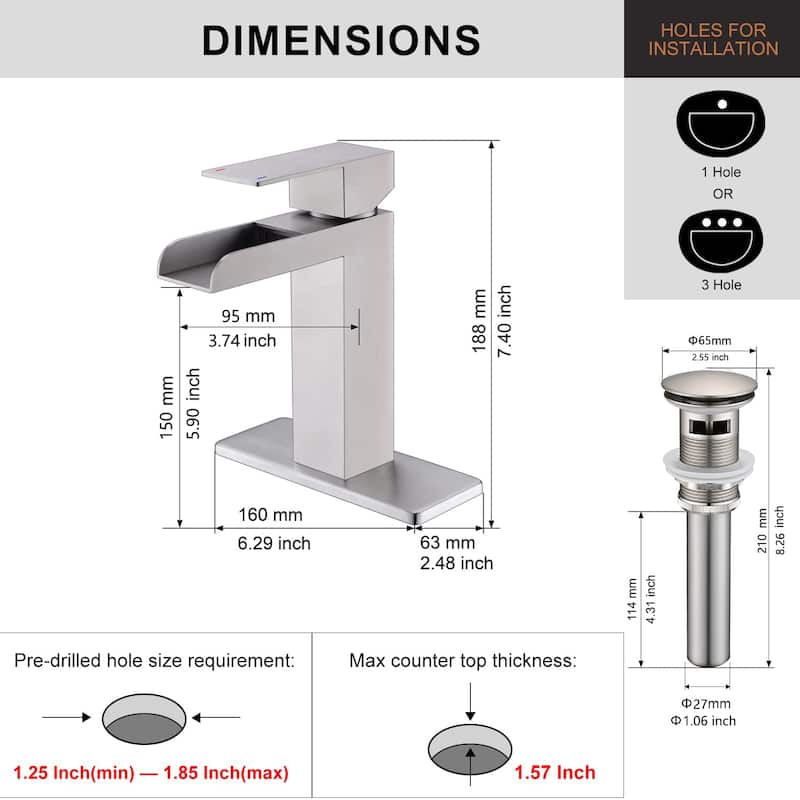 PROOX Bathroom Waterfall Faucet Single Handle with Drain Assembly