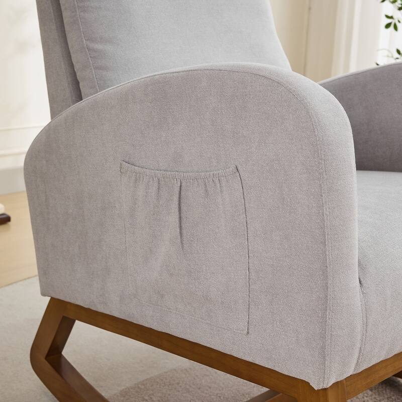 27.2"W Rocking Chair, Polyester Glider Chair with High Back Side Pocket, Rocking Accent Armchair with Rubber Wood Legs