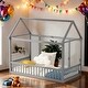 preview thumbnail 2 of 37, Twin Size Floor Wooden House Bed with House Roof Frame and Safety Guardrails
