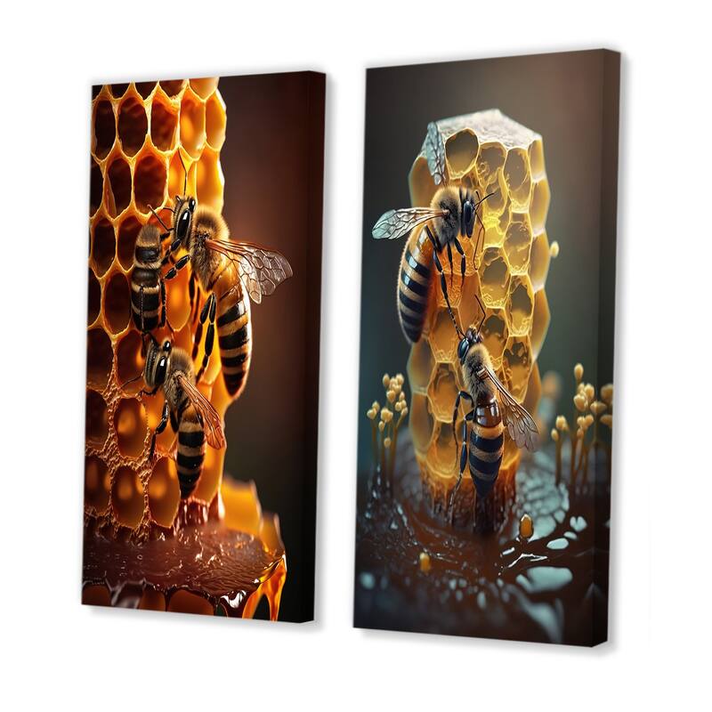 Designart "Honey Bees In Nest" Bee Wall Art Set Of 2 Yellow Modern Gallery Set For Office Decor