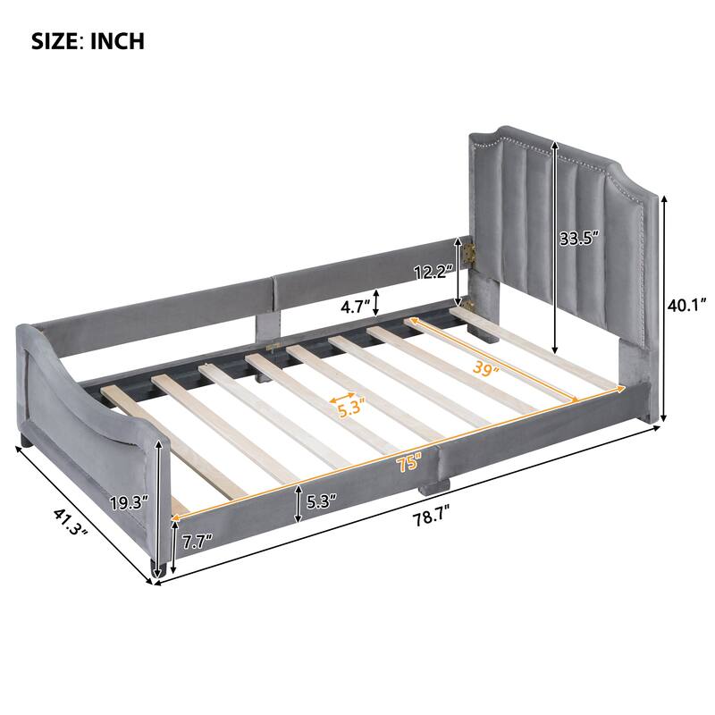 Twin Size Upholstered Daybed with Classic Stripe Shaped Headboard, Gray