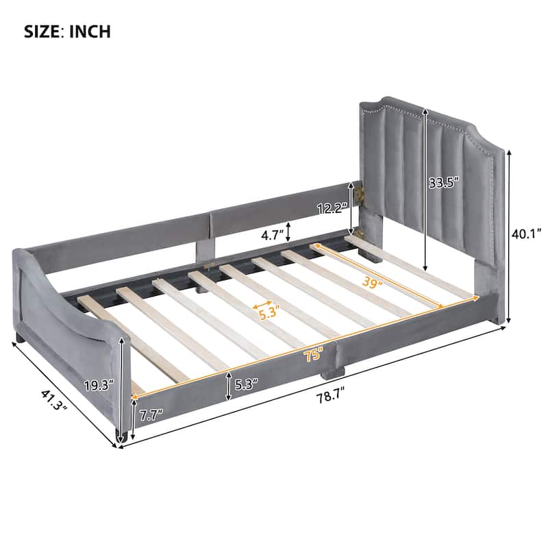 Twin Velvet Low Bed with Guardrail & Nailhead Headboard
