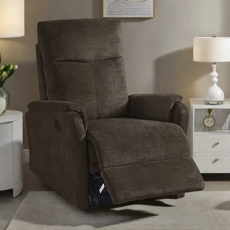 Modern Power Recliner with USB Port, Full Head & Lumbar Support, Easy-Clean Fabric - Dark Brown
