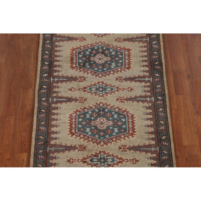 Geometric Viss Indian Runner Rug Handmade Wool Carpet - 2'6"x 9'9"