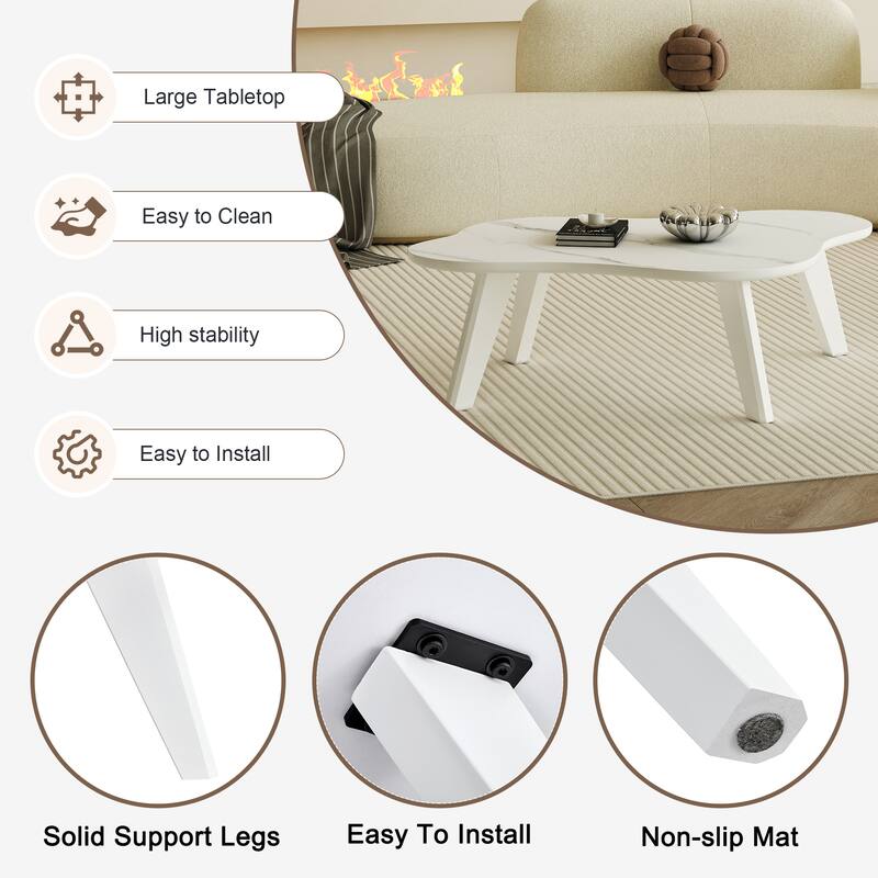 Modern Minimalist Imitation Marble Tabletop Coffee Table. Solid Wood Spray Painted Desk Legs, Cloud Shape