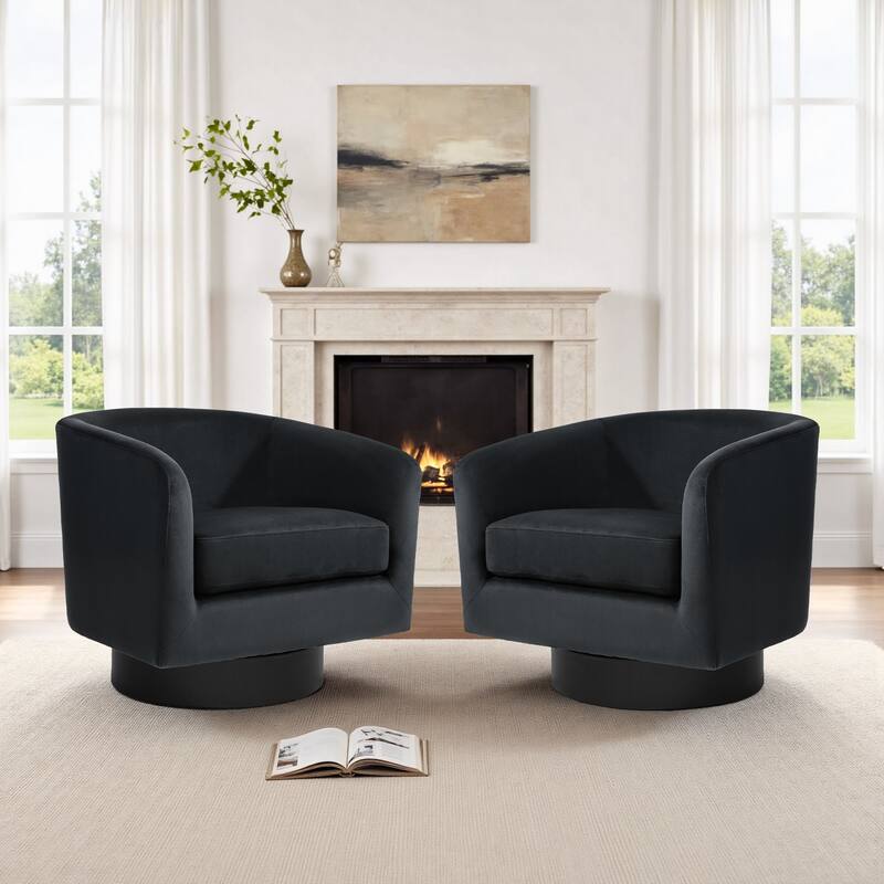 2 Set 360-Degree Swivel Round Barrel Chair Velvet Accent Chairs - 28.3"W×25.4"D×26.6"H - Black
