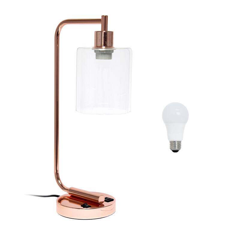 Simple Designs 18.8" Iron Lantern Desk Table Lamp with USB Port, Antique Brass, With LED Bulb - Copper
